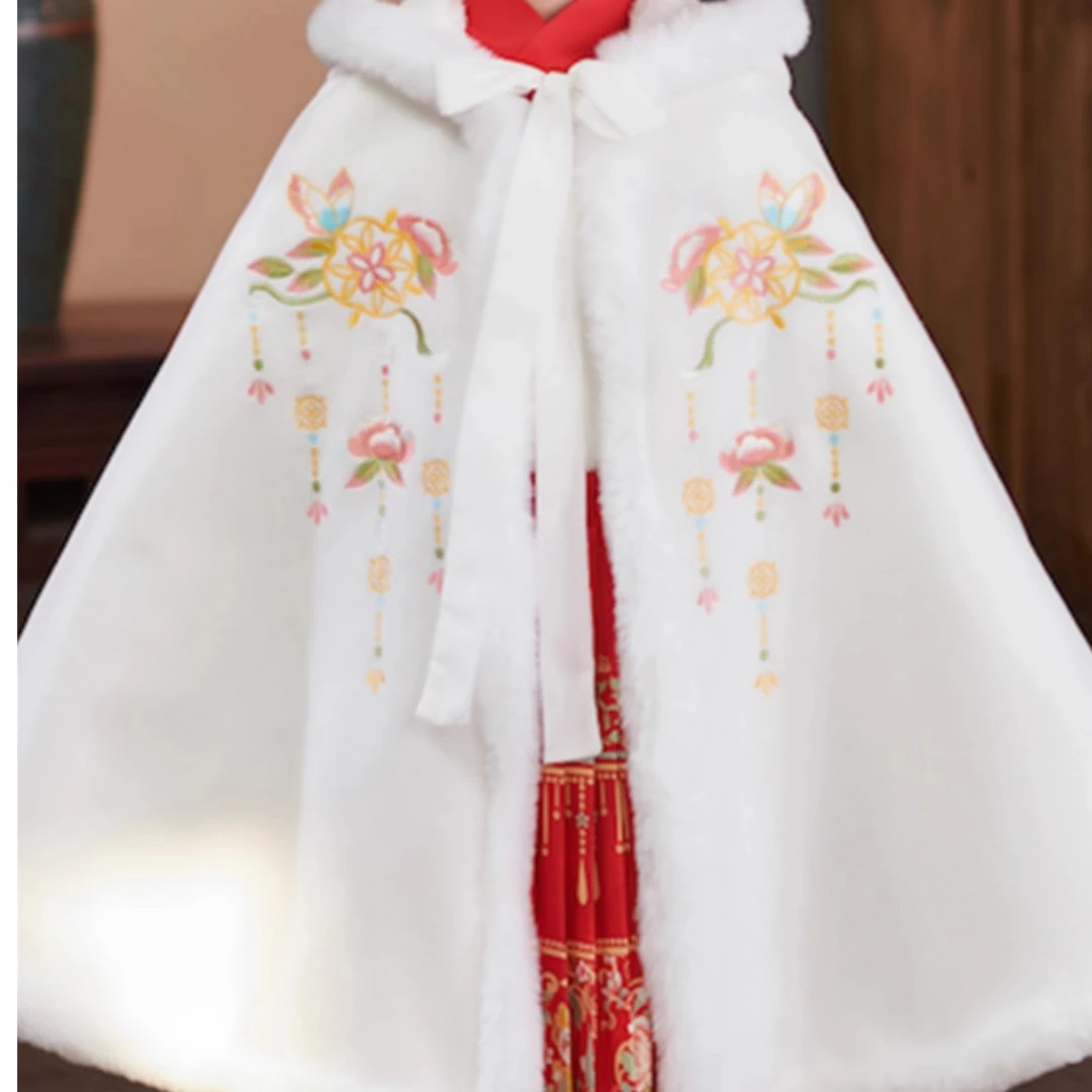 汉澜溪儿童加厚披风斗篷加绒冬季保暖女童刺绣汉服中国拜年服