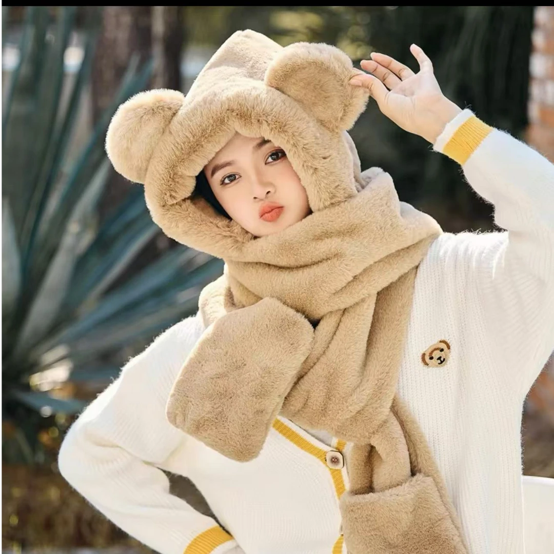 7675-（咖色）冬季女士围巾手套帽子一体式三件套