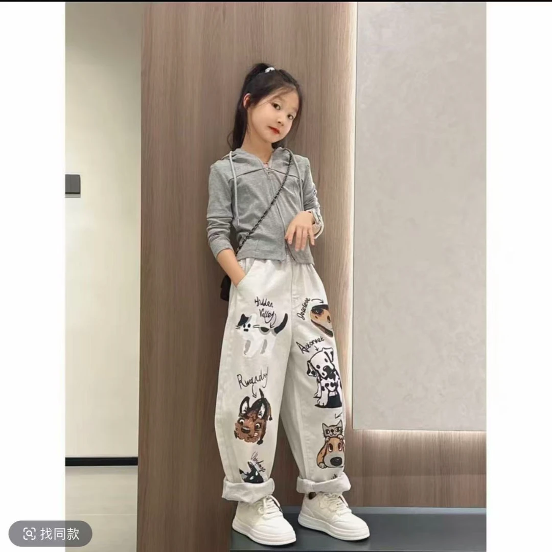女童春秋新款韩版连帽开衫套装秋季新款潮范中大童涂鸦裤两件套