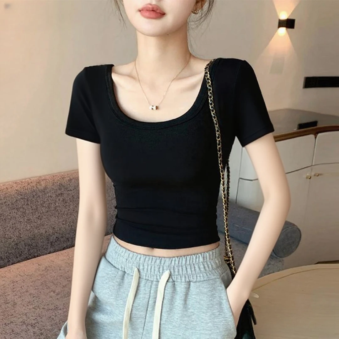 双U领短款纯欲风女内搭2025年夏季修身高腰露脐露背短袖t恤上衣潮