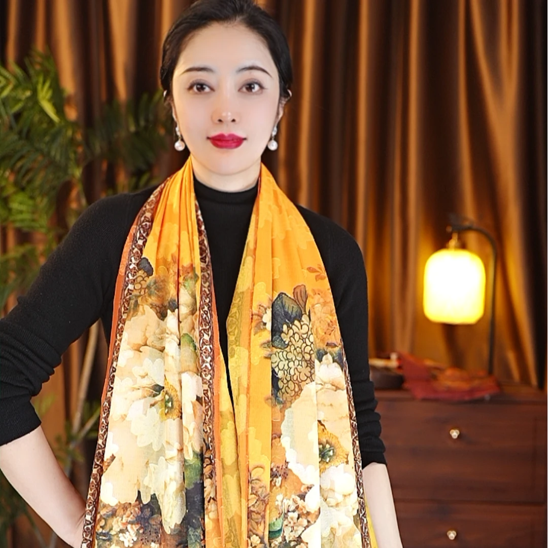 【姚黄牡丹】180*70剪花春秋女士丝巾长巾披肩百搭中国风时尚
