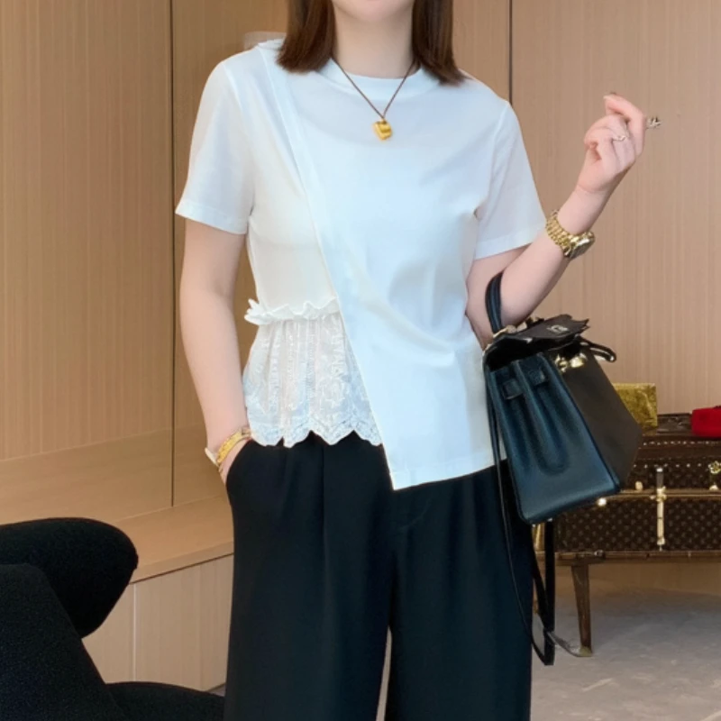 设计感拼接蕾丝不规则圆领T恤时尚显瘦短袖LK2502855