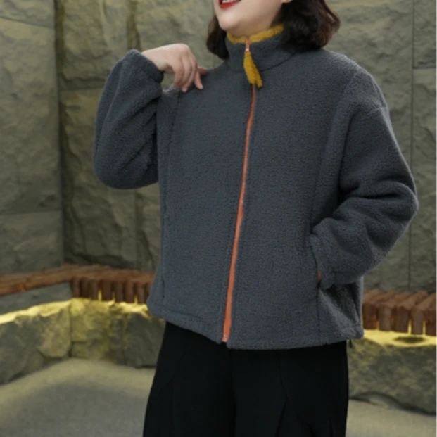 立领拼色加绒加厚毛毛外套休闲保暖外套