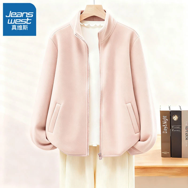 真维斯紫色加绒外套女秋冬季2026新款摇粒绒内胆加厚宽松开衫上衣