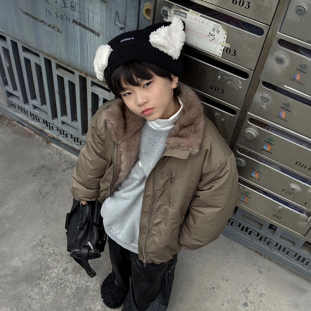 亲子2025年冬季新款男女童棉服外套儿童时髦毛毛棉衣立领夹克