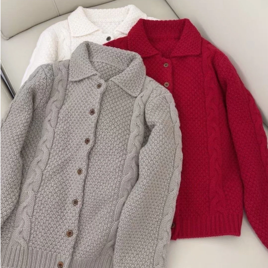 【原 歌】冬季新款570克100羊毛翻领银丝针织开衫毛衣YG1079