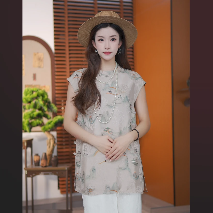 亭台楼阁牡丹花新中式百搭时尚盘口显瘦减龄轻奢复古印花上衣女