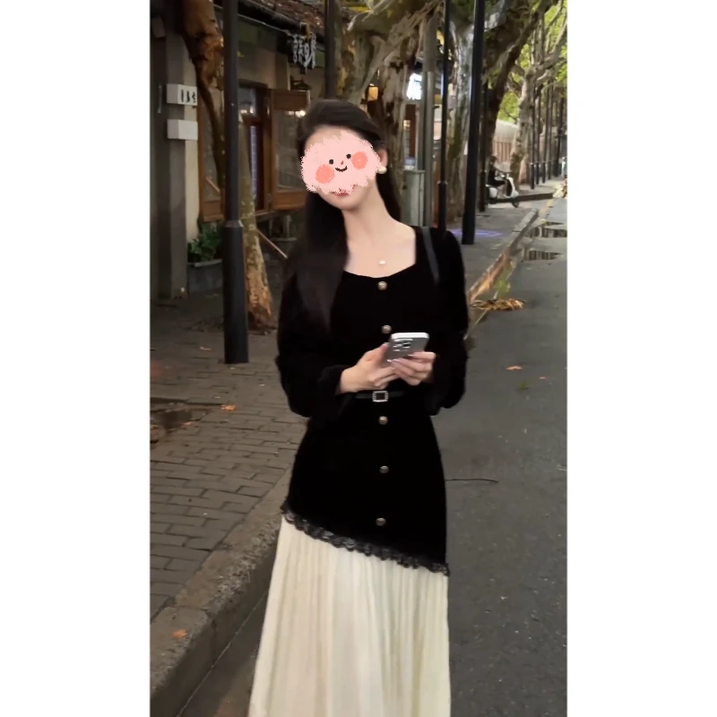 大码【珍珠少女】秋季新款拼接设计感通勤小众名媛收腰显瘦连衣裙长