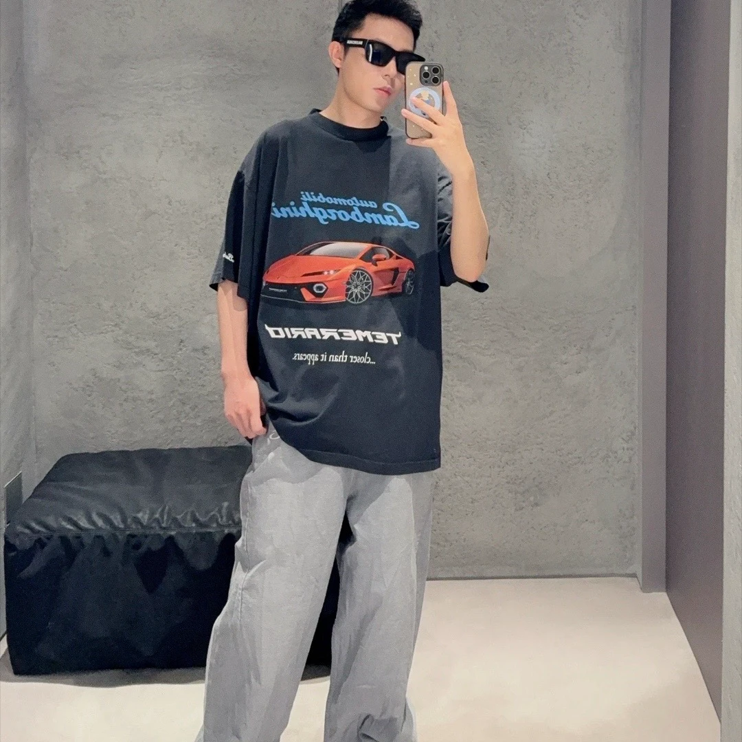【555】黑色兰博跑车洗水印花宽松短袖 男女同款