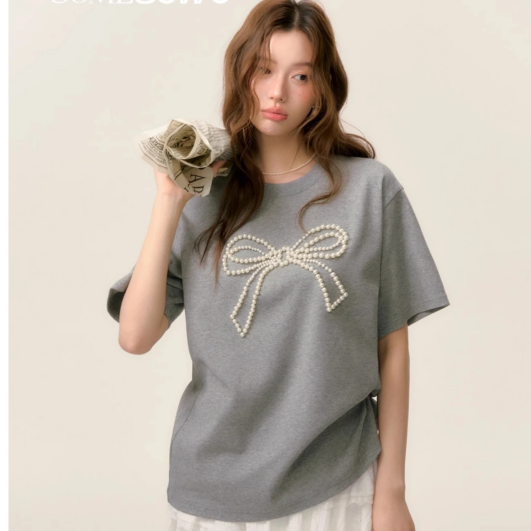 SOMESOWE买手店设计师钉珠蝴蝶结短袖T恤女宽松减龄休闲上衣新款