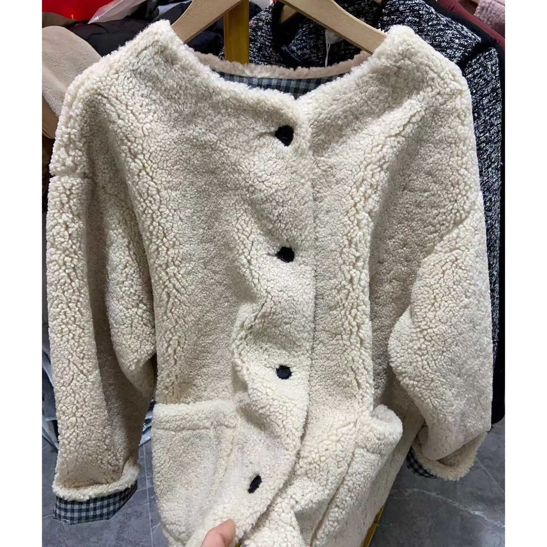 Y536奶杏拼格子毛绒外套2530