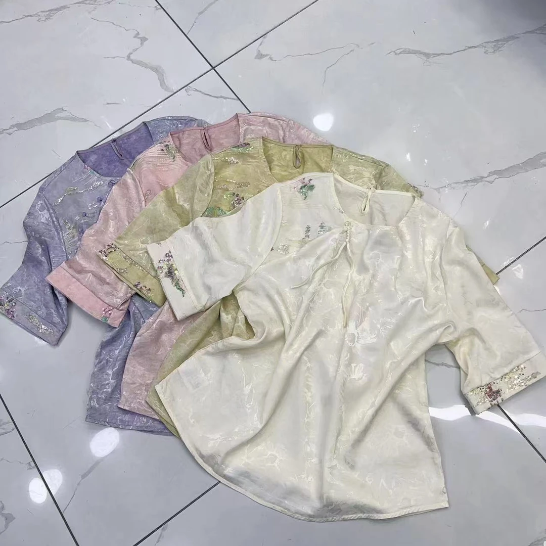 【凝香】新中式缎面提花七分袖国风款四色上衣打底衫