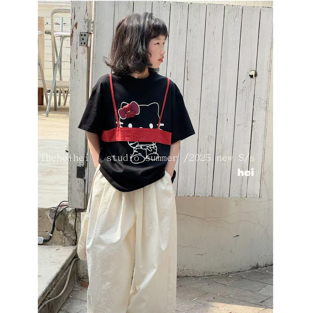 设计师品牌【乐园】撞色拼接可爱卡通印花短袖 T恤中大童亲子 3183