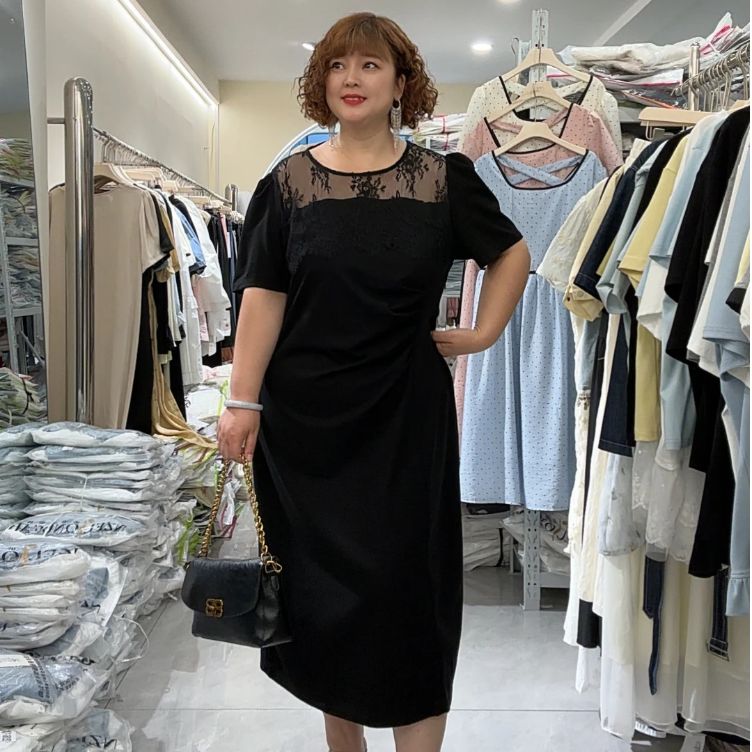 3568镂空蕾丝拼接连衣裙褶皱女士裙子夏季纯色气质性感黑色长裙潮