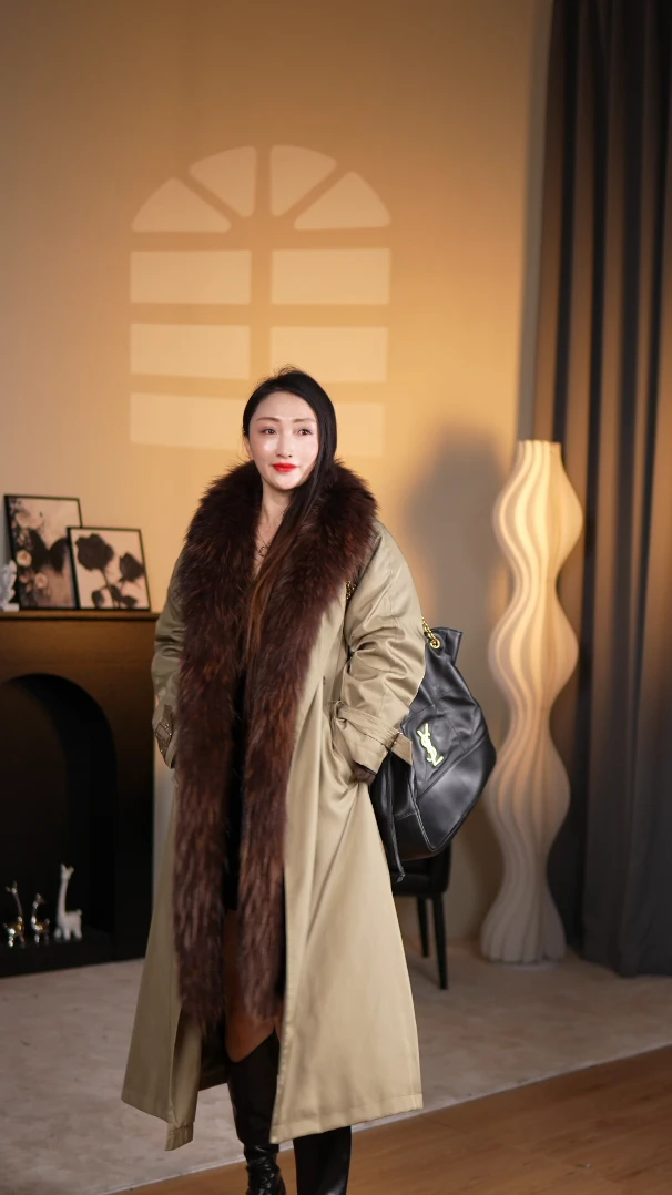 [暖炉派克]2025秋冬新款貉子毛领宽松兔皮毛长款派克服两面穿外套