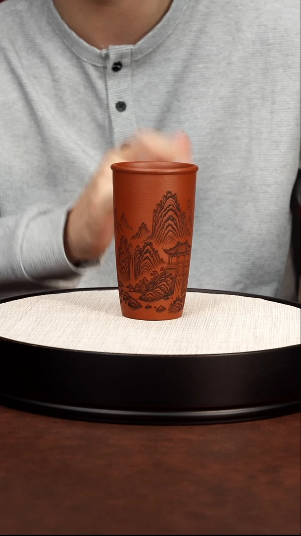 茶壶紫砂宜兴紫砂 朱泥山水高筒杯
