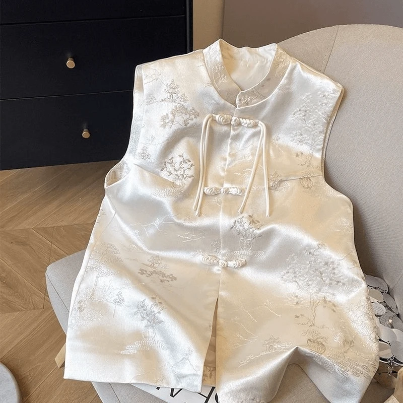 大码新中式国风改良旗袍无袖马甲女夏新款重工刺绣醋酸盘扣上衣潮