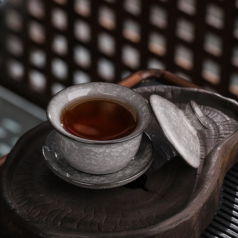 黑冰花三才盖碗茶杯单个泡茶壶手工防烫冰裂纹陶瓷功夫茶具家用