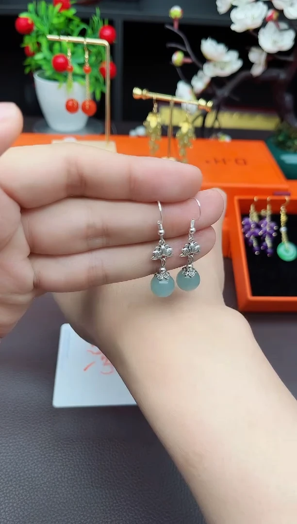 石英质玉（天山翠）银S925镶嵌耳饰237000