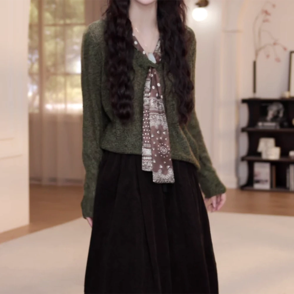 早秋新款纯色丝巾毛衣针织开衫长袖C6257