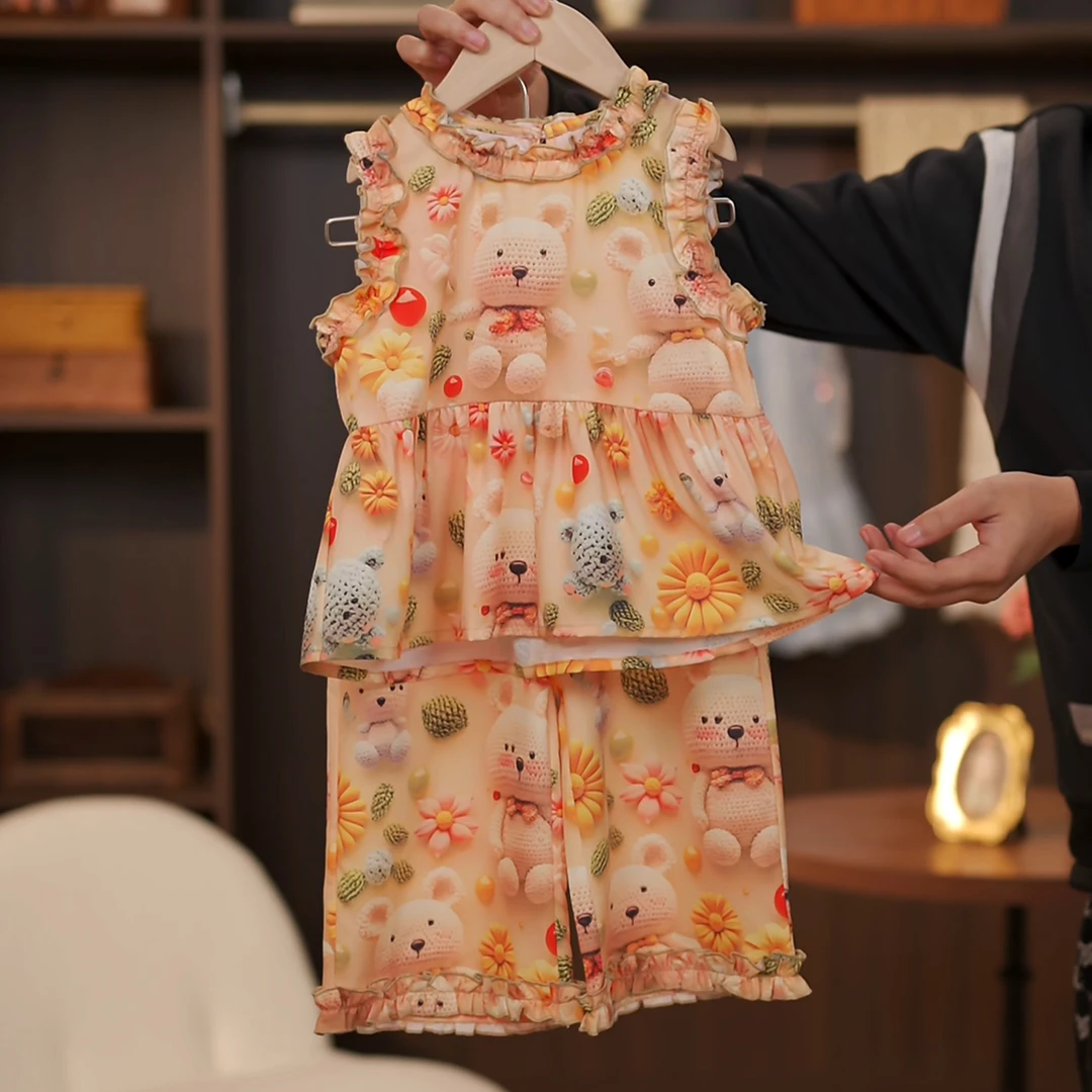 2025夏季新款女童洋气薄款女宝无袖可爱卡通休闲上衣+裤子套装