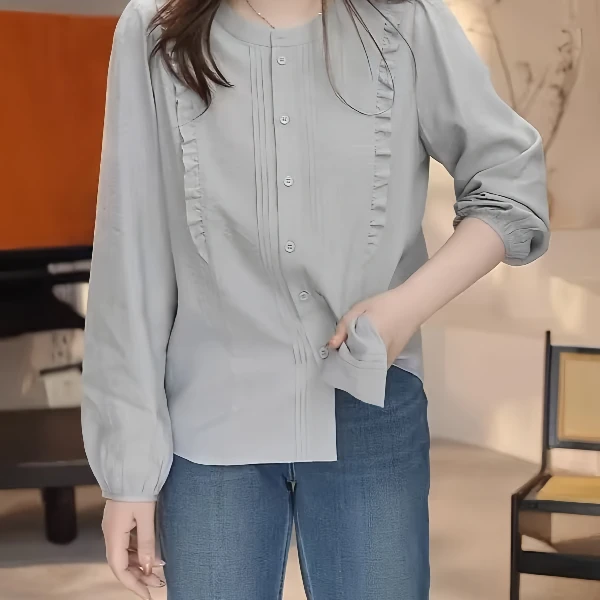 大码微胖MM木耳边拼接长袖衬衫女2025秋季轻奢高级感正肩宽松上衣