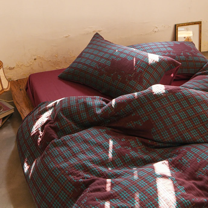 轻奢复古风丨全棉色织三层纱提花四件套安哥拉红被套裸睡纯棉床品