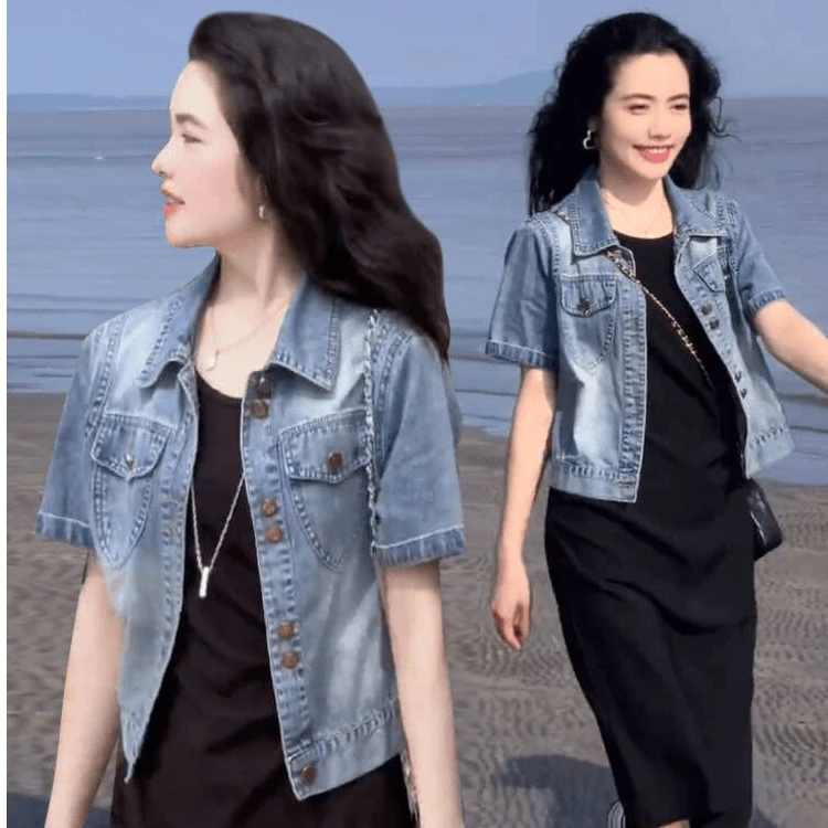 薄款牛仔短袖衬衫外套女2024夏季新款小个子显瘦休闲开衫短款上衣