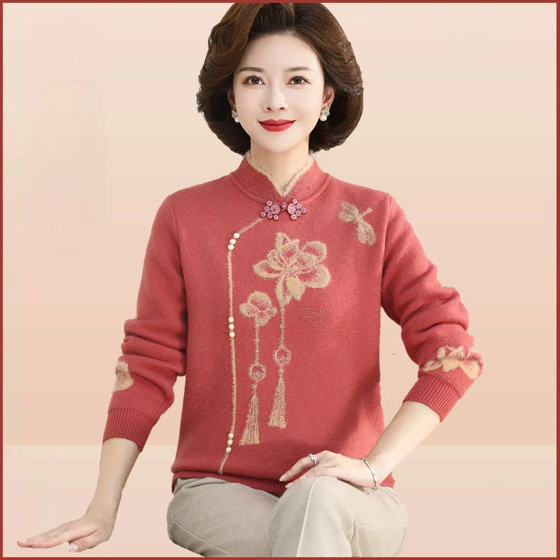 新中式妈妈上衣春秋季针织衫加绒毛衣长袖外穿中老年打底衫两件套
