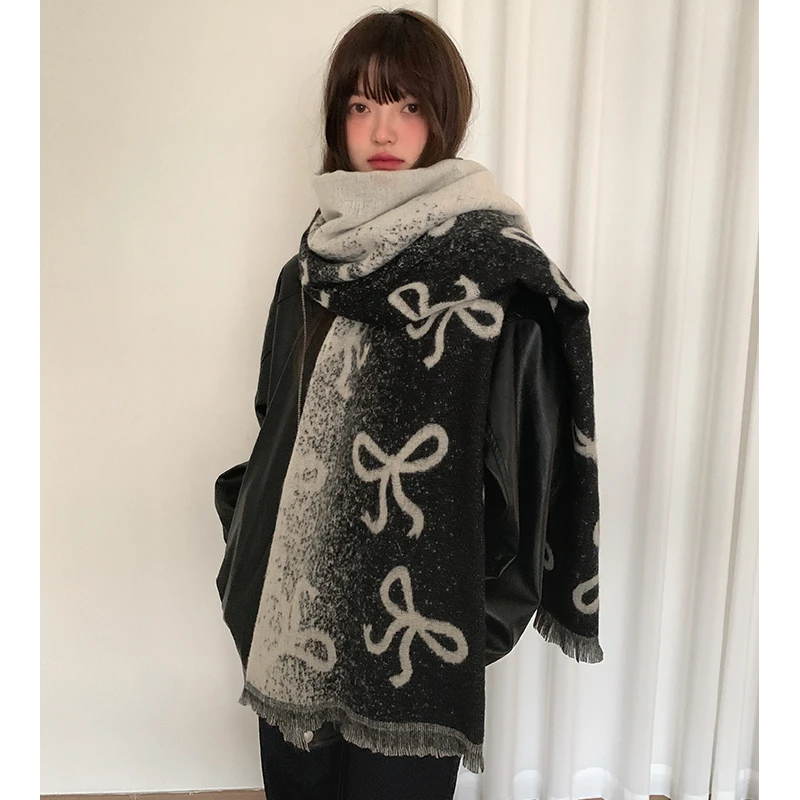 韩版加厚蝴蝶结针织围巾女2025秋冬季高级感保暖护颈围脖披肩两用