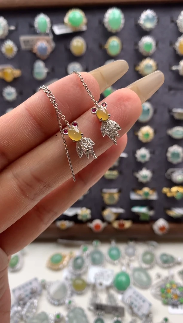 吊坠(不含链)银S925镶嵌翡翠耳饰