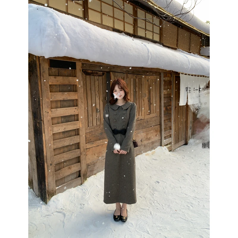 板栗西西【利斯顿少女】秋冬法式气质收腰显瘦毛织长袖连衣裙