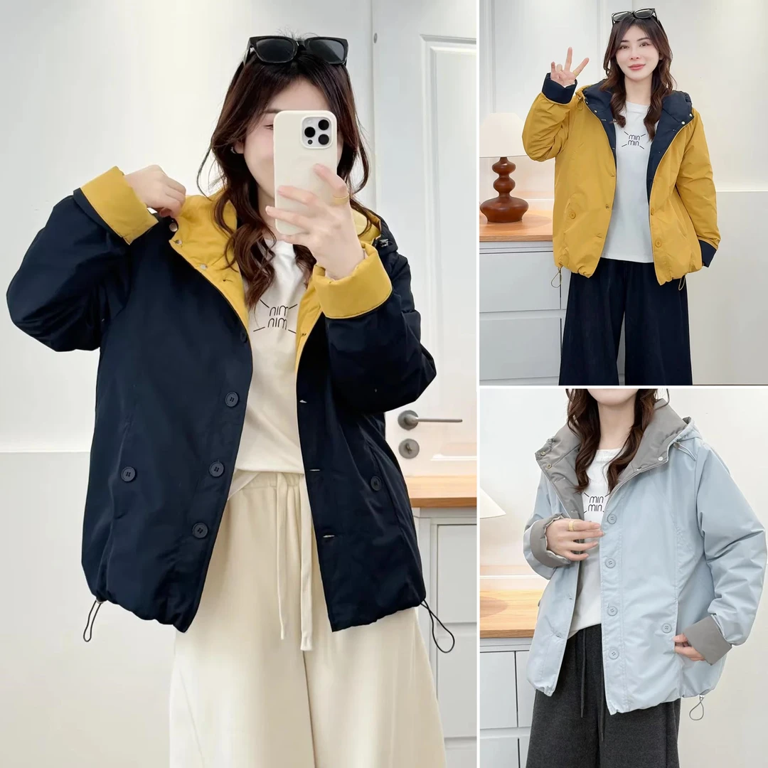 大码女装冬装新款2025连帽加绒撞色遮肚子棉袄棉服时尚中年女棉衣