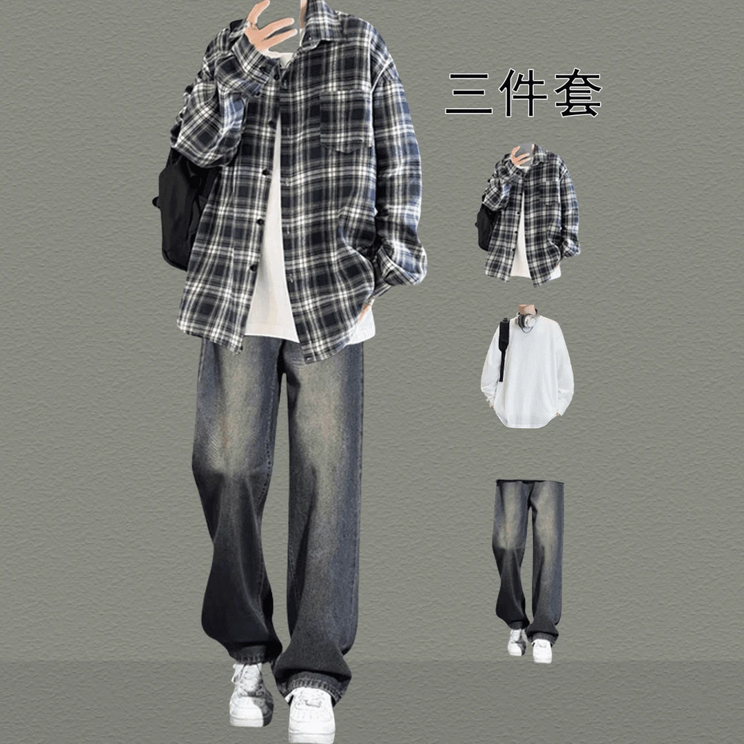 格子衬衫外套男春秋季套装2025新款痞帅衬衣青少年学生男装三件套