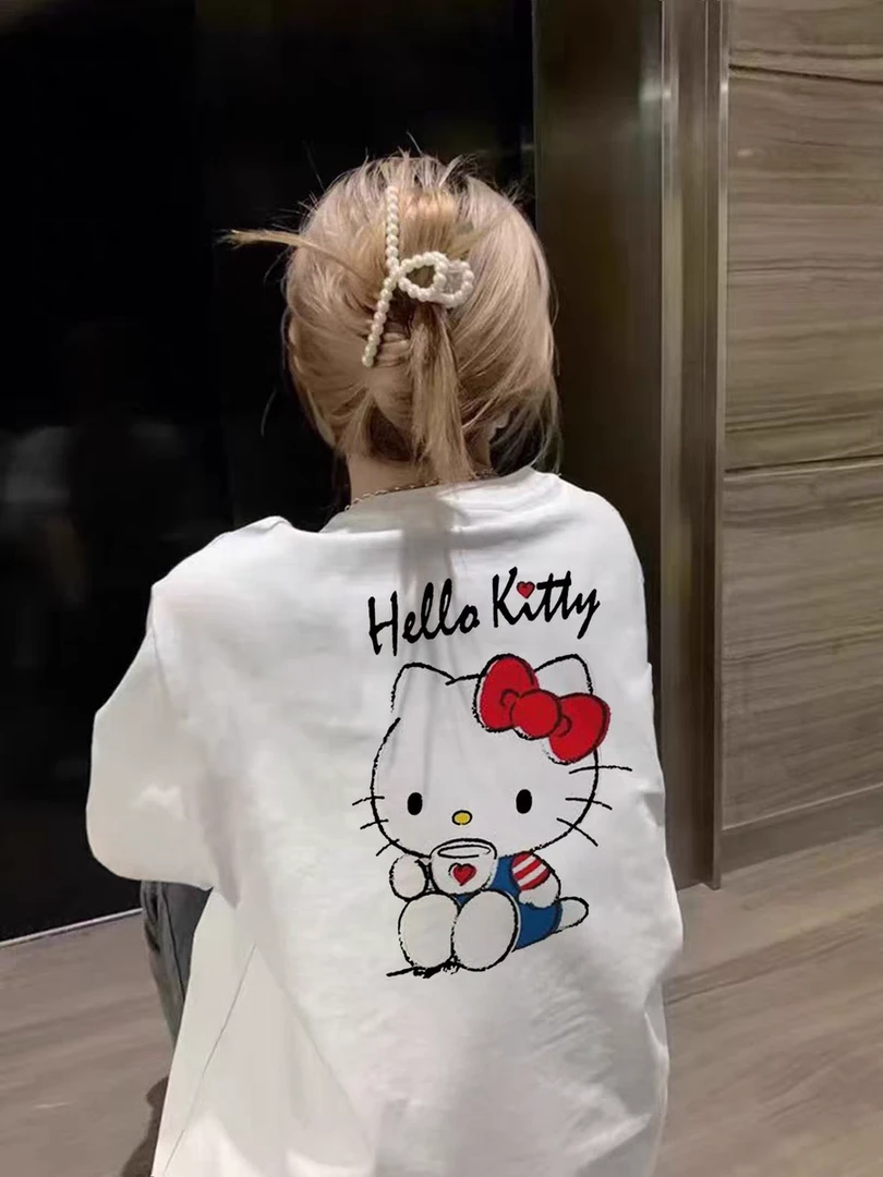 100%纯棉凯蒂猫夏季短袖t恤女纯棉正肩设计感美式半袖宽松上衣