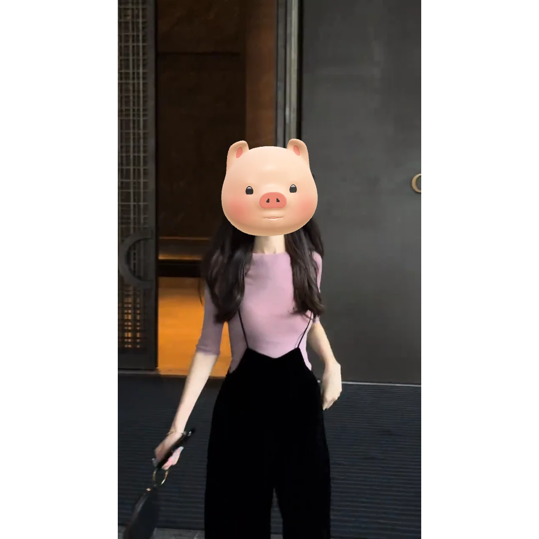 parkyeon夏季新款韩版圆领T恤上衣设计感简约宽松显瘦背带裤套装