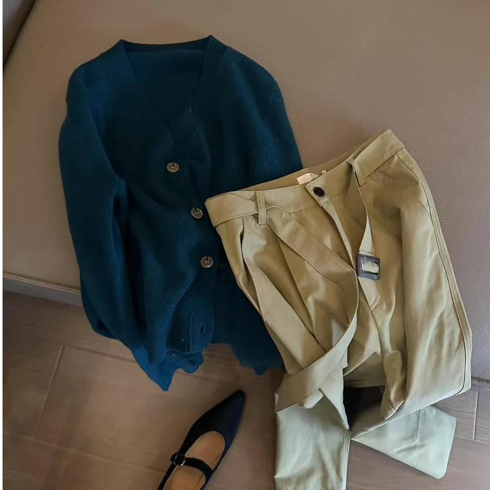 韩系飘带休闲直筒裤子