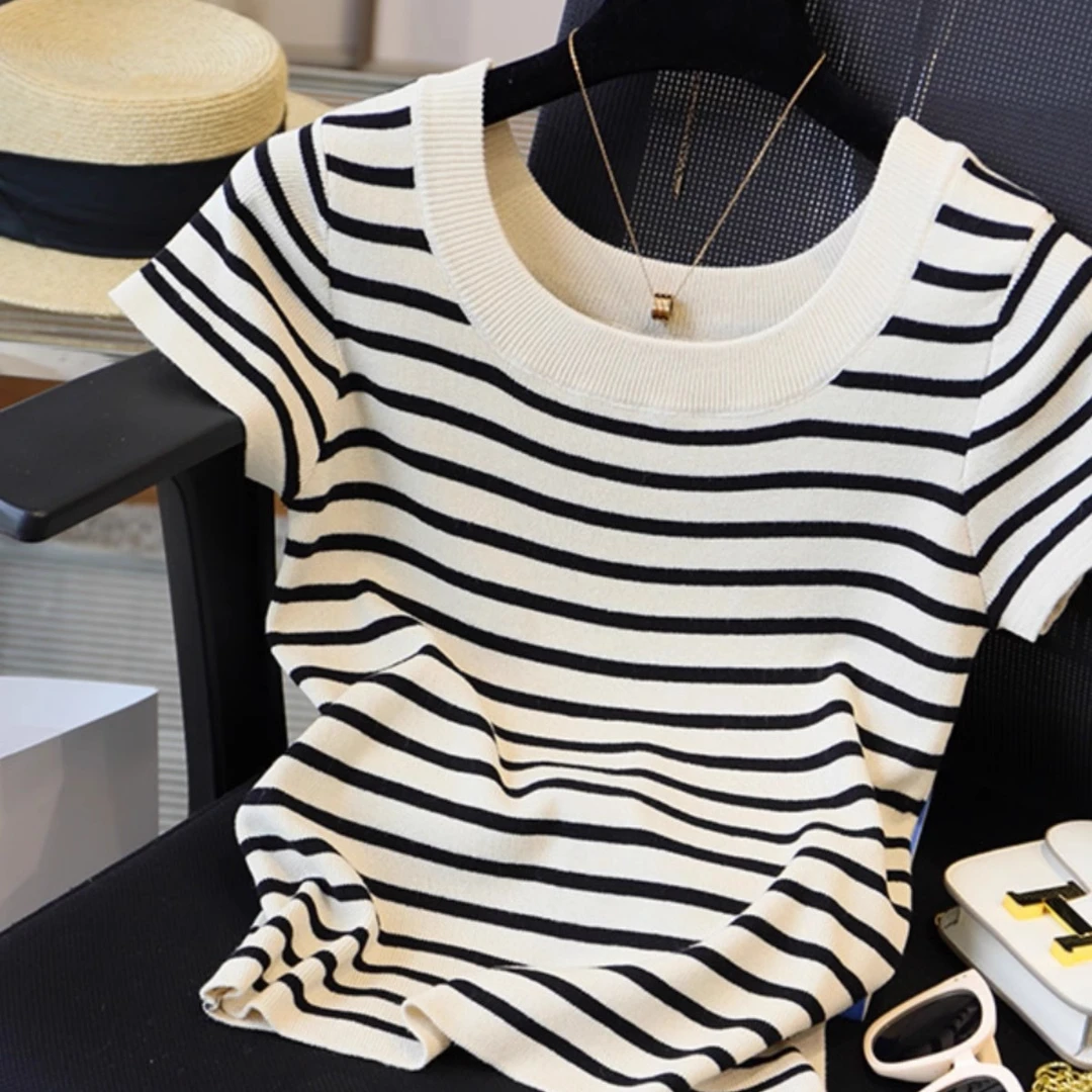 条纹冰丝正肩短袖t恤女夏季小香风高级短袖女款新款针织短款T恤