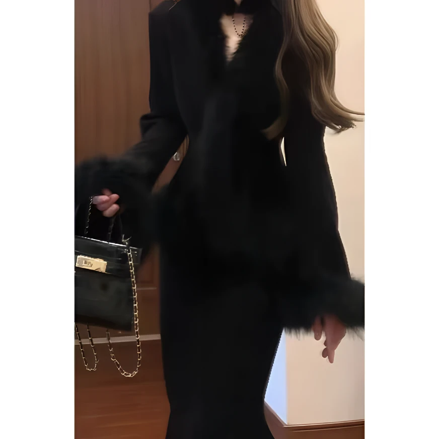 【甄姬套装】贵气千金毛毛网红气质黑色秋冬百搭洋气长袖小上衣套装