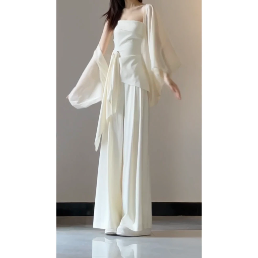 法式系带抹胸无袖上衣休闲衬衣直筒长裤子套装女春夏季