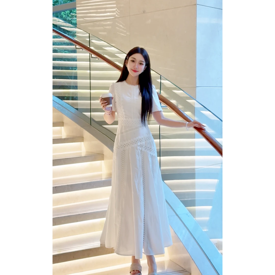 缇彩【圣托里尼】2025新款长裙女立领蕾丝镂空收腰气质边温柔