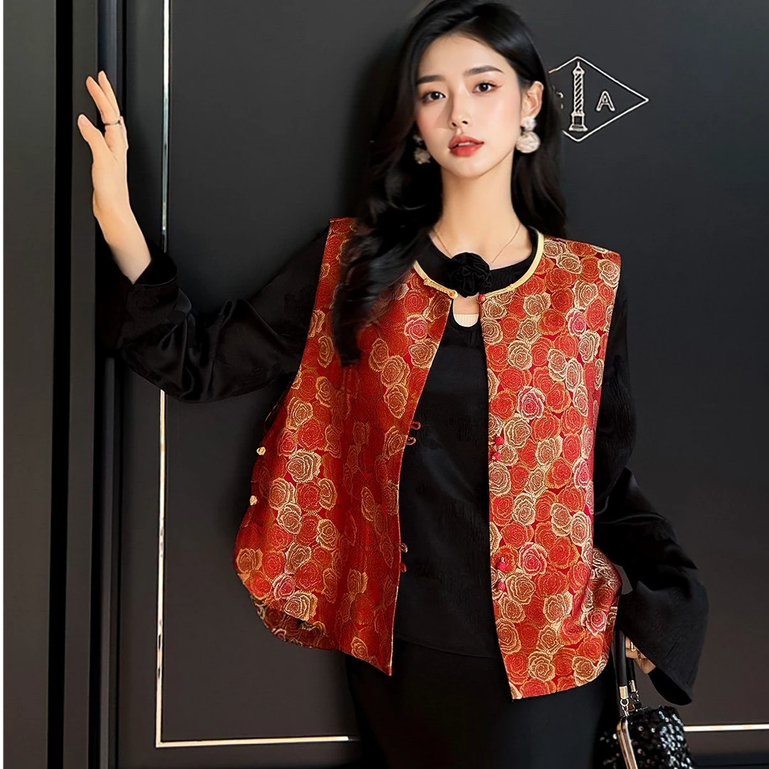 【李子淳】2025秋季新款玫瑰花真丝宋锦马甲纯手工编织花盘扣马甲