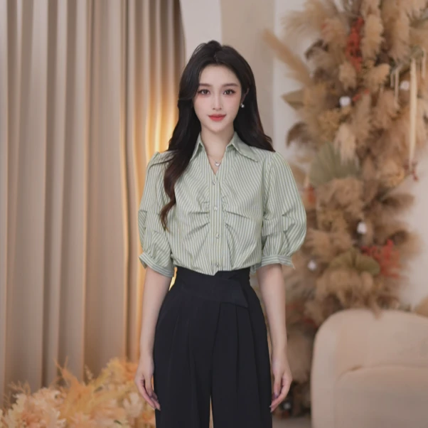 Basic House/百家好气质时尚百搭夏季复古条纹衬衫B1335B52E52