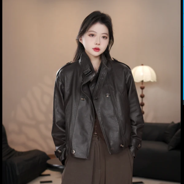 （媛媛）海宁2025春季新款时尚休闲百搭真皮绵羊皮宽松女士皮衣外套