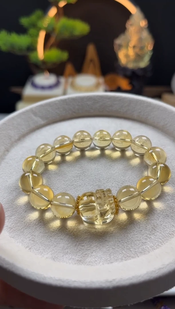 未镶嵌手链黄晶小**?天然黄水晶圆珠貔貅手串12mm
