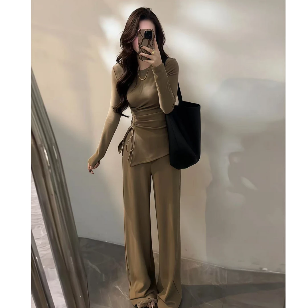 褶皱系带开叉圆领T恤上衣女秋冬新款休闲阔腿长裤子套装31009