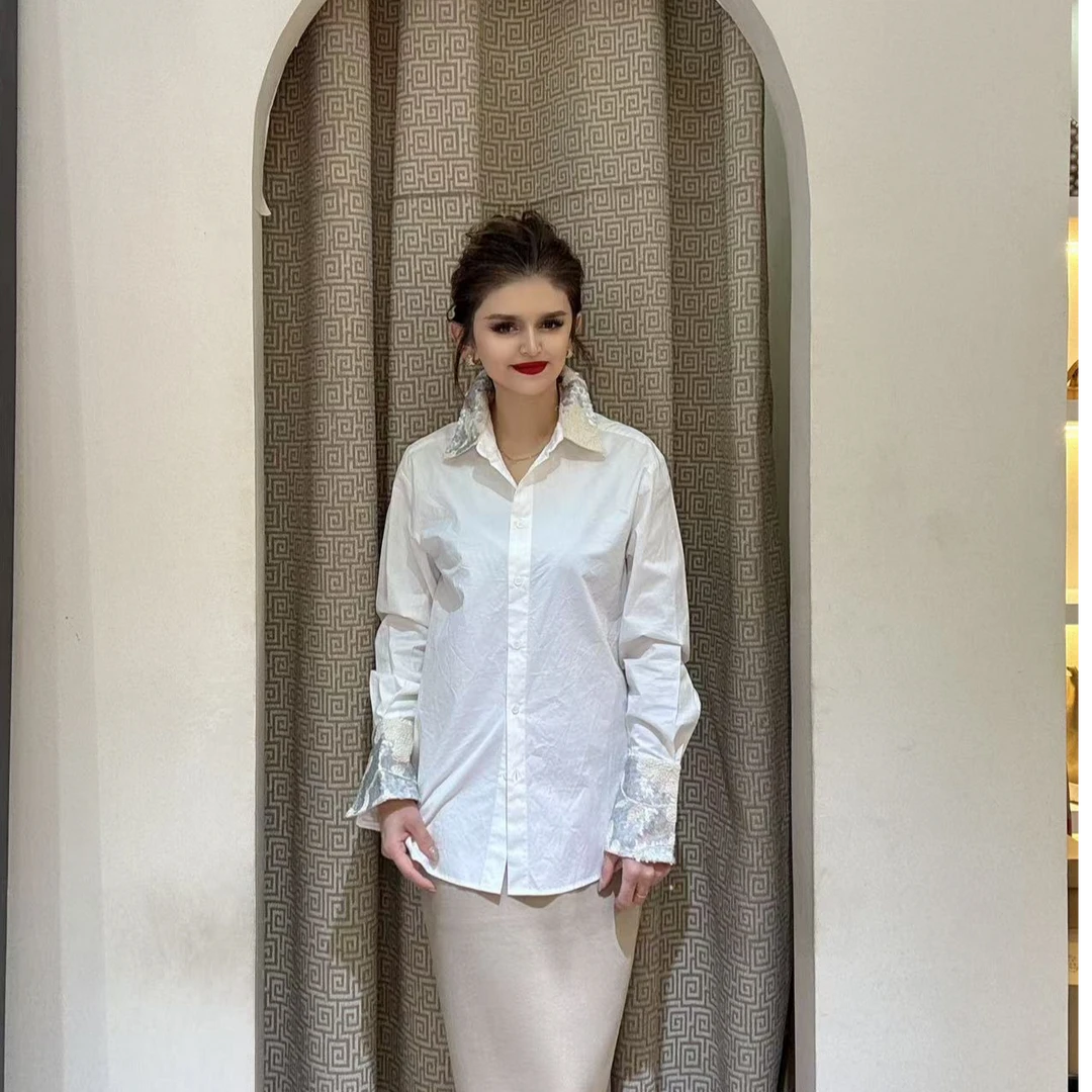 2024年自家原创设计重工刺绣衬衫百搭带弹性半裙两件套套装