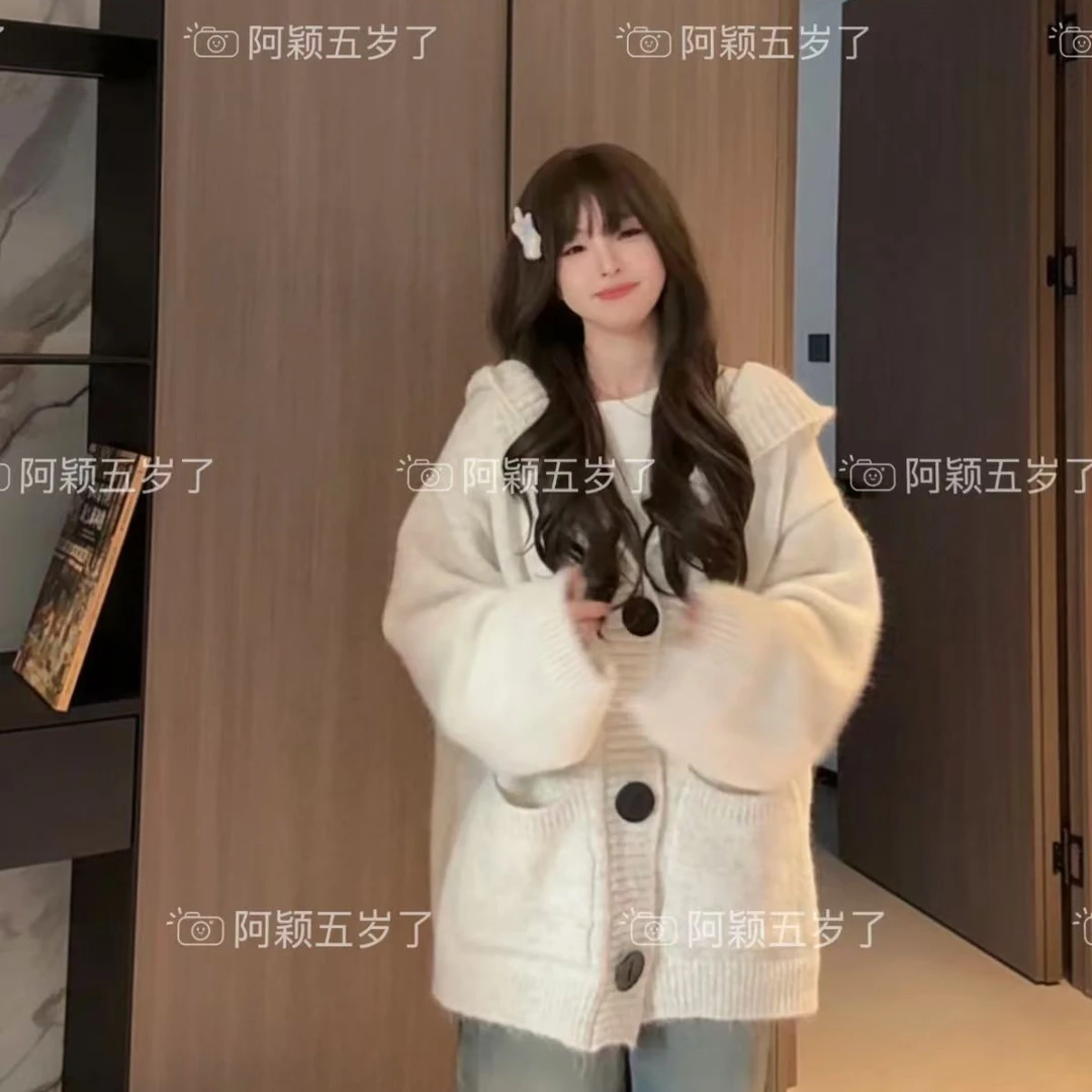 【阿颖专属】原版韩国东大门慵懒风连帽针织开衫毛衣外套春秋新款