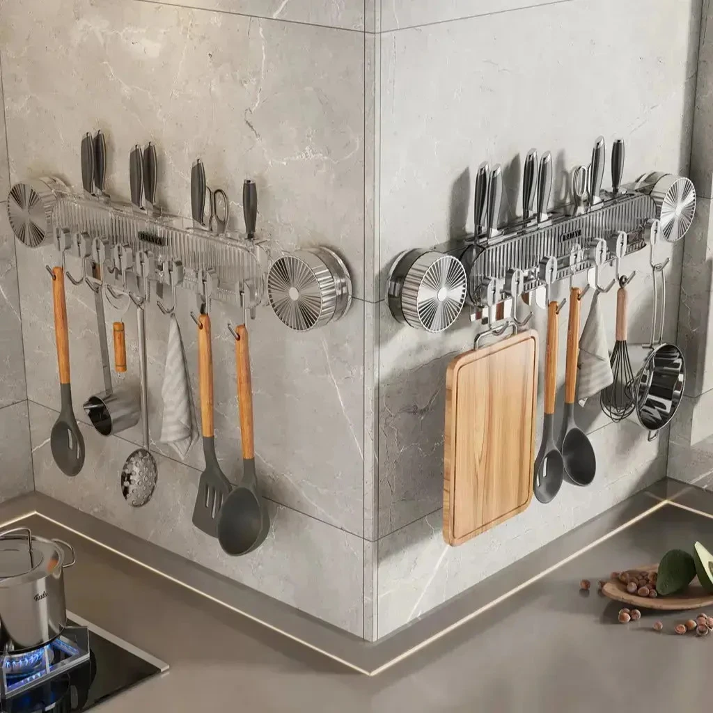 荞芬吸盘联排挂钩刀架厨房置物架家用联排挂钩锅铲砧板收纳置物架