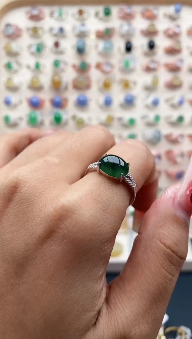 【闪购商品】翡翠戒指银S925镶嵌缅甸天然A货翡翠111   2-1